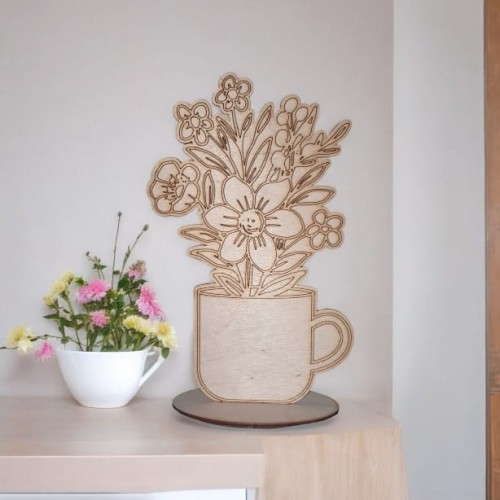 Ozdoba drewniana bukiet kwiatów na podstawce kubek 11,5x19,5 cm