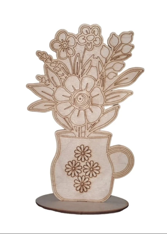 Drewniany bukiet kwiatów na podstawce prezent  12,5x19,5 cm