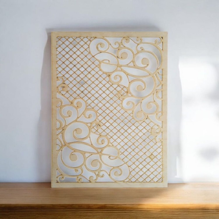 Ażurowy panel ze sklejki 44x59 cm – minimalistyczna dekoracja ścienna z drewna brzozowego, grubość 3 mm